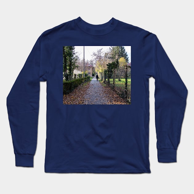 Girl walking in distance in a park on a sunny day Long Sleeve T-Shirt by KargacinArt